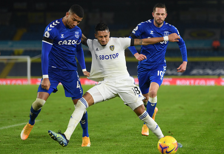 Raphinha scores for Leeds United in the 48th minute during a Premier League match versus Everton